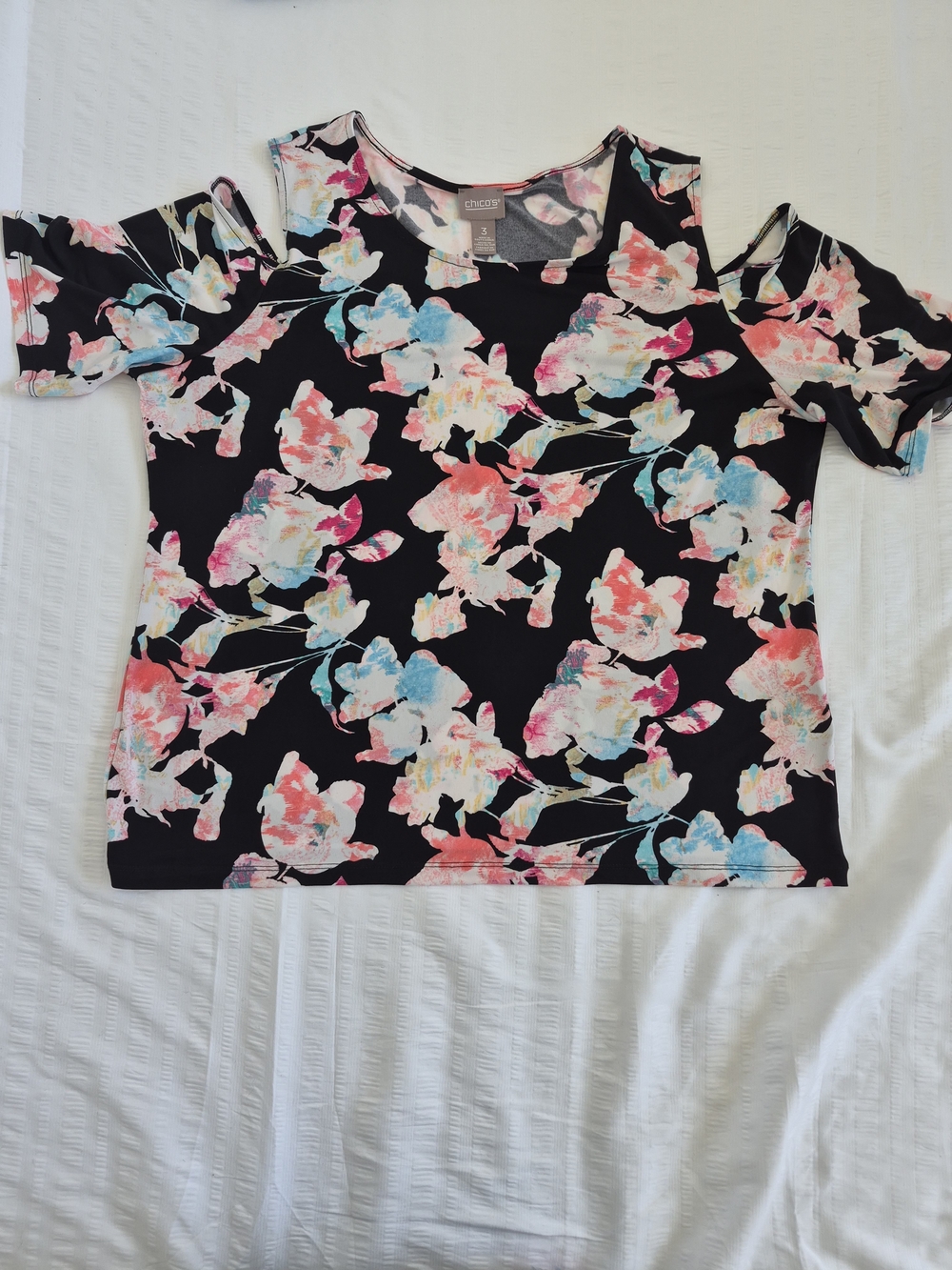 Chico's Size 3 / XL Floral Cold Shoulder Top Pink Blue Black Stretch Knit Blouse
